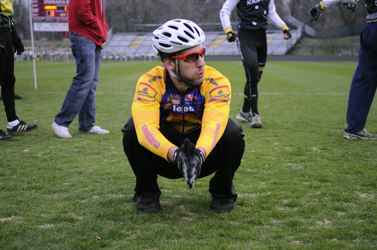 Sophomore John Ferry of Acacia waits for his team's 8:15 a.m. qualifying run during the first session of Little 500 qualifications Saturday at Bill Armstrong Stadium.