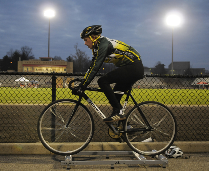 Junior Bryan Howaniec of Acacia warms up at 7:30 a.m., before the first session of Little 500 qualifications Saturday at Bill Armstrong Stadium. Acacia's first qualifying run was scheduled for 8:15 a.m.