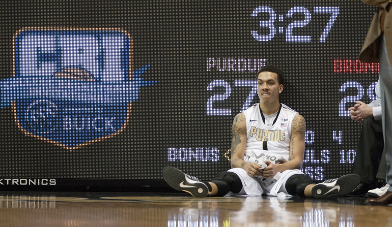 Purdue guard Anthony Johnson sits in front of the scoreboard during an 86-83 loss to Santa Clara University in a College Basketball Invitational tournament game, Purdue\'s final game of the season, on Monday, March 25, 2013, at Mackey Arena.