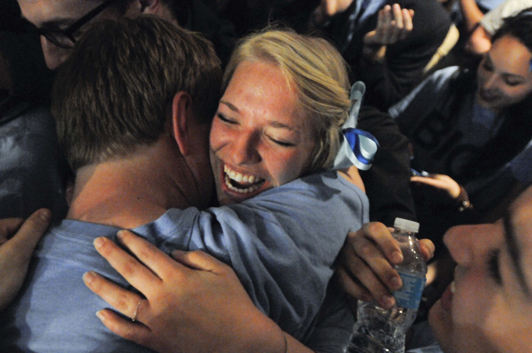 Kingsolver and junior chief of staff candidate Hannah Kinkead embrace during their victory celebration. Big Ten earned 4,811 votes in the initial tally. The BtownUnited ticket, which earned 3,056 votes, has disputed the election and called for Big Ten's disqualification.