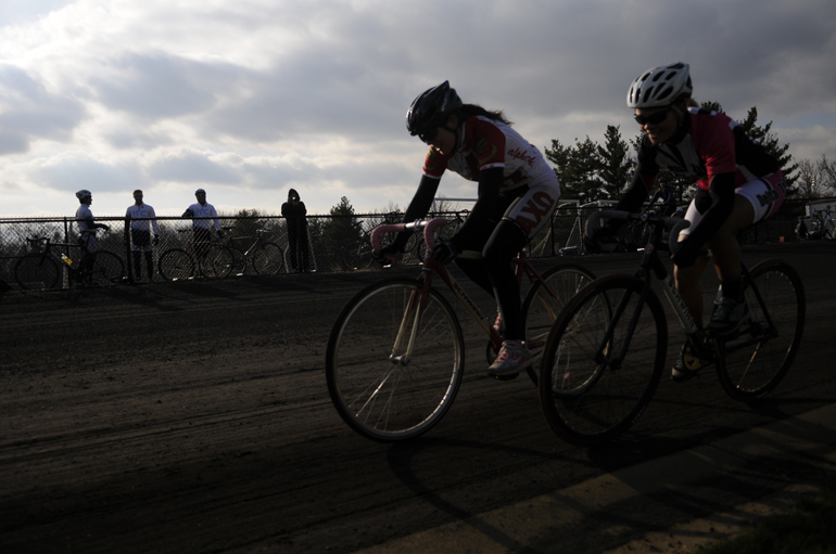 Libby Leinhoop of Alpha Chi Omega moves outside as Jenna Disser of Delta Zeta passes her during Little 500 Individual Time Trials on Wednesday at Bill Armstrong Stadium. Both raced during heat 25.