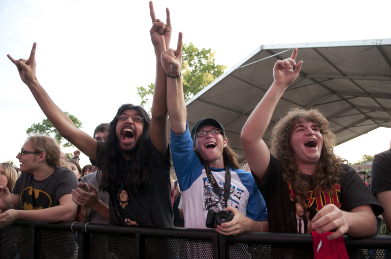 Rafaey Ali, Lucas Krier and Caleb White cheer as The Reverend Peyton\'s Big Damn Band begins their set on Hoosier Night on the Marsh Free Stage at the Indiana State Fair, Friday, August 16, 2013.