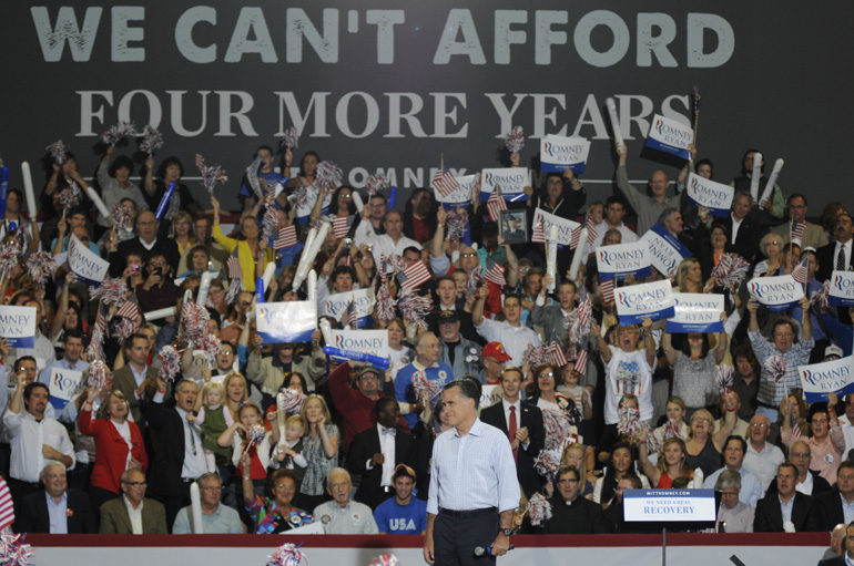 The crowd cheers as former Mass. Governor Mitt Romney speaks during a presidential campaign stop Sept. 26 in Toledo, Ohio.