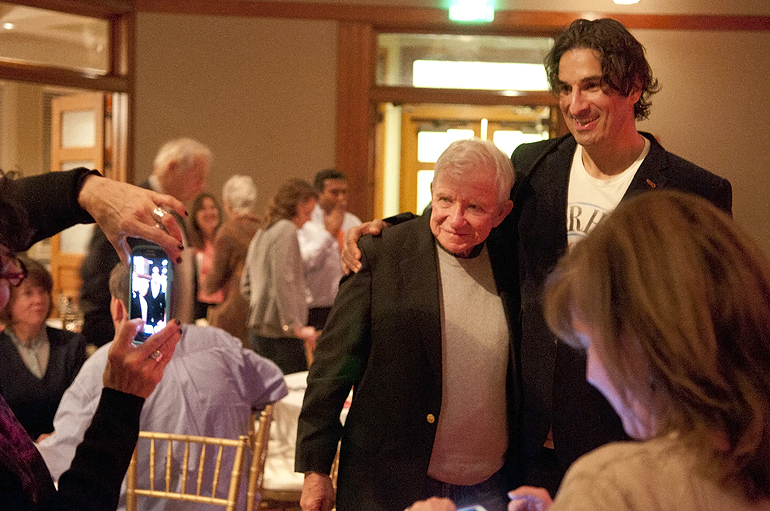 Comedian Gary Gulman (right) gets a picture with author Dan Wakefield at VonnegutFest\'s Timequake Clambake at Indiana Landmarks\' Cook Theater, Saturday, Nov. 9, 2013. Wakefield, a friend of Kurt Vonnegut 10 years his junior, wrote the introduction for \